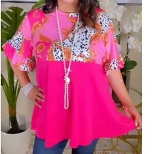 Southern Stitch Baby Doll Top Pink with leopard and scroll print ruffle sleeves